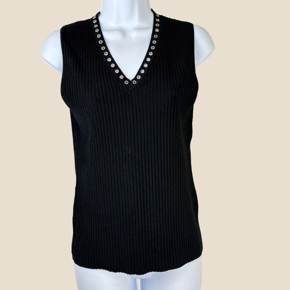 Chico's Design Large Tank Top Black Ribbed V-Neck Grommet Sleeveless Shell